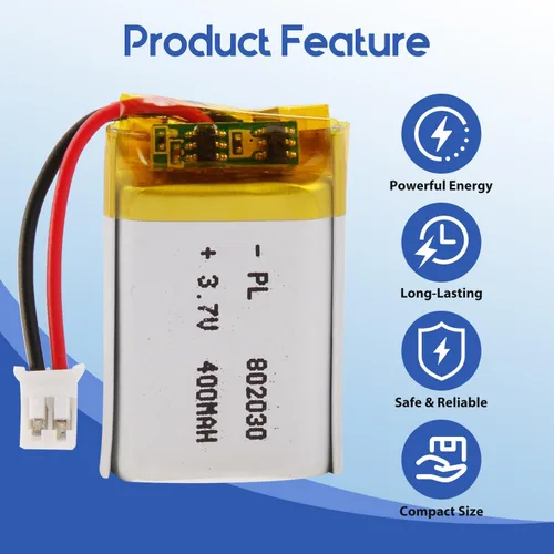 Miniatura 5 de Batería Lipo de 3.7V 400mAh 802030 Batería recargable de polímero de litio con conector JST PH2.0.000 in para altavoz Bluetooth, GPS, reloj