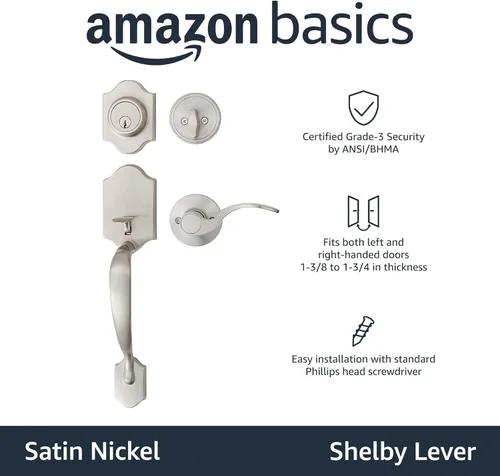 Miniatura 2 de Amazon Basics Juego de cerradura de puerta delantera, manijas con palanca Shelby, manija de puerta de nivel, exterior, paquetes de cilindro único