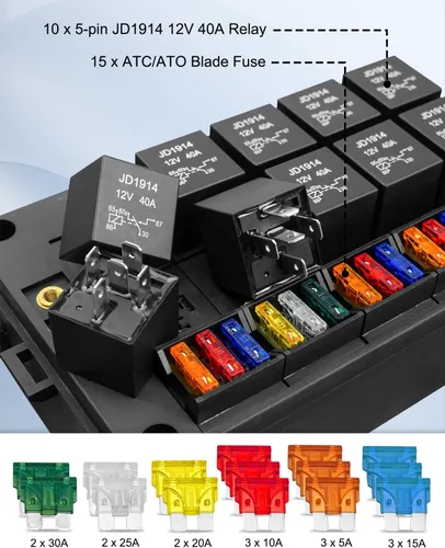 Miniatura 2 de Caja de relés de fusibles impermeable precableada – 15 ranuras ATC/ATO, 10 soportes de relé con relés y fusibles – Bloque para automóvil, camión