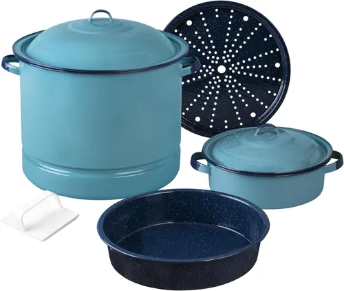 Cinsa Juego de utensilios de cocina de acero esmaltado de 6 piezas con vaporera, horno holandés y plato multiuso, azul turquesa