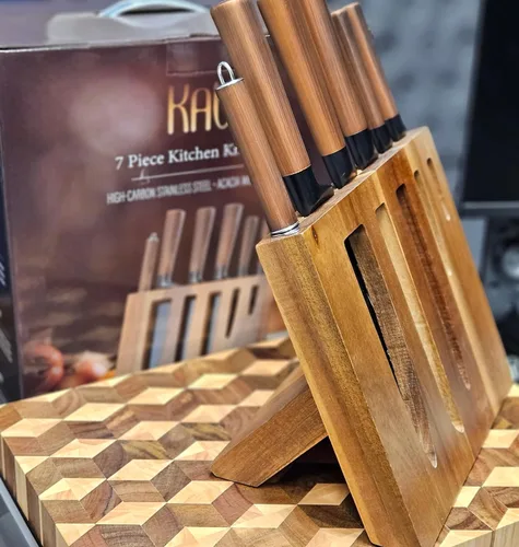 Miniatura 3 de KAV - Juego de cuchillos con bloque, 7 cuchillos de cocina y varilla de afilar, juego de cuchillos de acero inoxidable en negro mate de alto