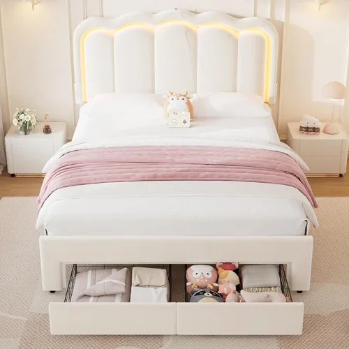 Miniatura 3 de Base de cama LED tapizada tamaño Queen con 2 cajones de almacenamiento y cabecera doble ondulada ajustable, cama de plataforma de princesa de Beige
