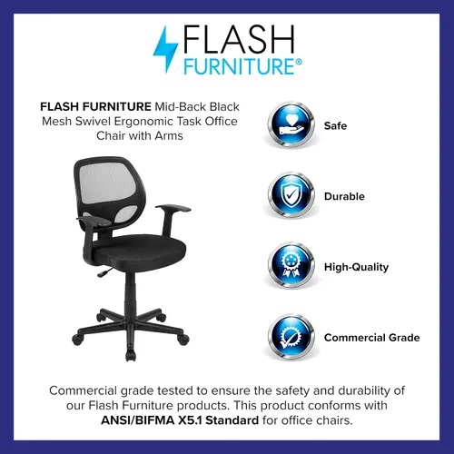 Miniatura 12 de Flash Furniture Flash Fundamentals Silla de oficina ergonómica giratoria de malla negra con brazos Negro