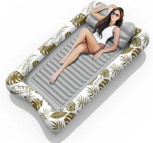 Rrtizan Inflatable Tanning Pool Rafts for Adults, 83.5" x 52.4" Adult Pool Floats with Pillow, Cup Holder & Handles, 4-in-1 Suntan Tub Raft Floatie