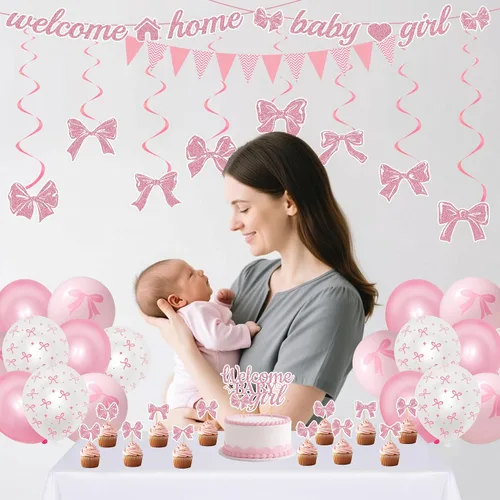 Miniatura 5 de Decoraciones de bienvenida a casa para bebé, 42 unidades, lazo rosa, decoración de baby shower, remolinos colgantes, decoración de tartas grandes