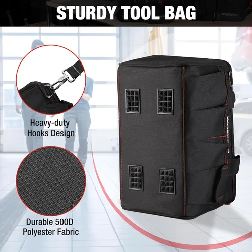 Miniatura 4 de WORKPRO Bolsa de herramientas de 14 pulgadas, organizador de herramientas con múltiples bolsillos con correa de hombro ajustable, W081021A, negro