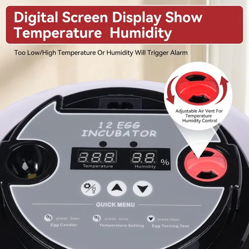 Miniatura 3 de Incubadoras de 12 huevos para incubar huevos, incubadora de huevos de pollo con giro automático de huevos y control de temperatura y humedad, tapa