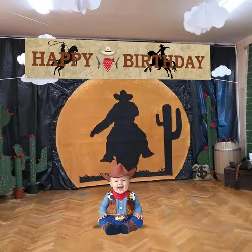 Miniatura 5 de Labakita Cartel grande de feliz cumpleaños de vaquero occidental, decoraciones de fiesta temática occidental para niños y hombres