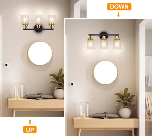 Miniatura 4 de Ldeco Luces de tocador de 3 luces para baño, lámpara de baño negra y dorada con pantalla de vidrio transparente de burbujas, luces modernas