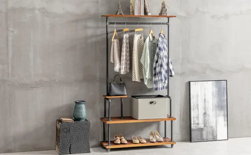 Miniatura 3 de Perchero industrial para ropa, estilo tubo, perchero de ropa Steampunk resistente, árbol de pasillo con ruedas con estante y almacenamiento