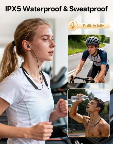 Miniatura 7 de Auriculares Bluetooth con banda para el cuello, auriculares inalámbricos Bluetooth 6.0 con micrófono, luz cómoda, graves profundos, tiempo de Negro