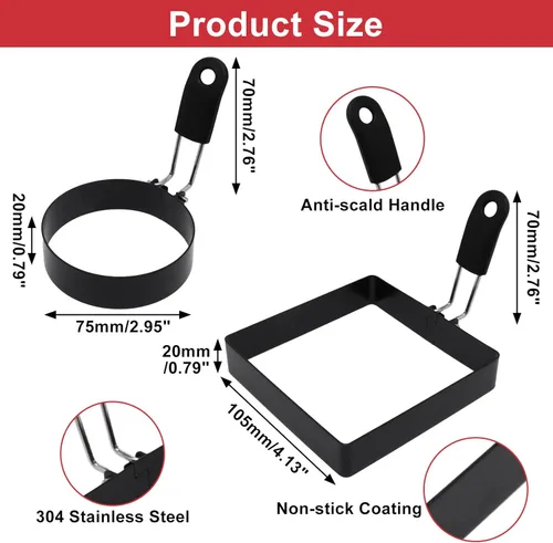 Miniatura 2 de 4 Pack Egg Rings for Frying Eggs with Foldable Handle, Stainless Steel Square & Round Egg Shaper, Eggs Mcmuffin Ring Mold for Camping Pancake