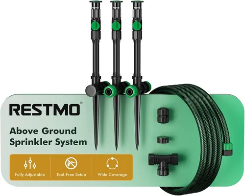RESTMO Sistema de riego flexible con base de pico de metal, kit de riego sobre el suelo, juego de rociadores de césped multiajustables, ideal para