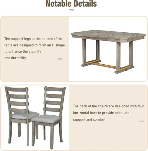 Miniatura 8 de Juego de mesa de comedor de madera de goma de 6 piezas con patrón de grano de madera y cojín suave, mesa de comedor rectangular con 4 sillas