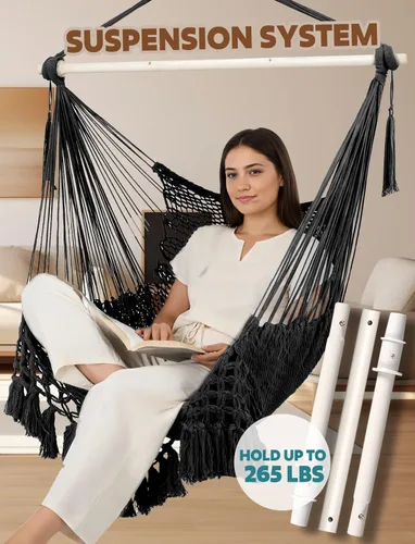 Miniatura 5 de Chihee Silla Hamaca Colgante Súper Grande de Cuerda de Algodón Hilado Suave Tejida, Barra Separadora de Metal Resistente Plegable Asiento Ancho Negro