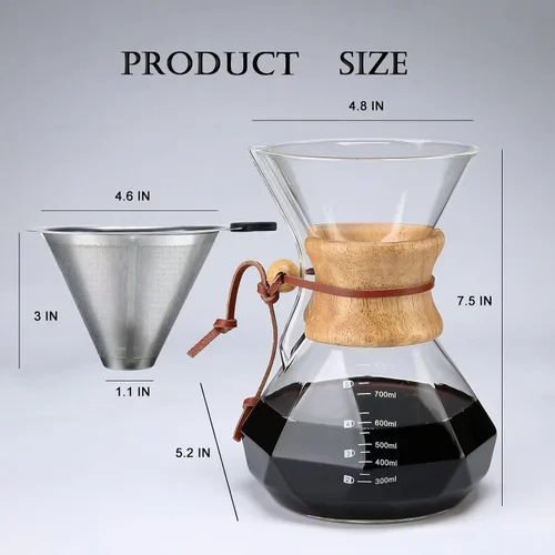 Miniatura 6 de Lalord Cafetera vertida con filtro de acero inoxidable reutilizable, jarra de café de vidrio borosilicato de 27 onzas, collar de madera, jarra
