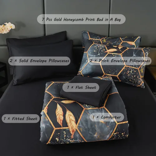 Miniatura 3 de ZRNBAST - Juego de edredón de nido de abeja negro de tamaño completo de 7 piezas, ropa de cama hexagonal suave y ligera, de mármol para todas