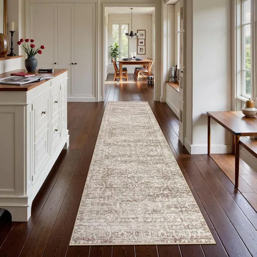 Alfombra de pasillo Lahome 2.5x10, alfombras lavables para la cocina ultradelgadas, antideslizantes, estampado bohemio neutral, alfombra larga de
