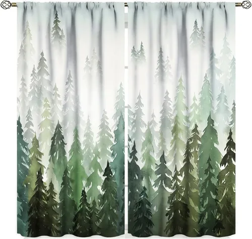 Miniatura 16 de Cortina de árbol de bosque verde, pino, coníferas, bosque, acuarela, oscurecimiento de habitación, ventana, bolsillo para barra, cortina