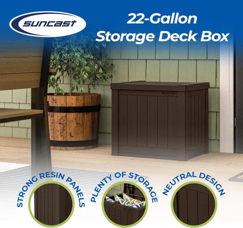 Miniatura 2 de Suncast - Caja pequeña de 22 galones y resina ligera para asiento y almacenamiento en terraza exterior de cojines de patio, herramientas de Marrón