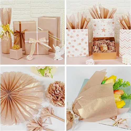 Miniatura 5 de Papel de seda metálico de oro rosa, 60 hojas de papel de seda de oro rosa brillante para bolsas de regalo, manualidades, envoltura de regalos
