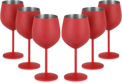 Lifecapido Juego de 6 copas de vino de acero inoxidable, 18 oz, copas de vino de metal con tallo y cepillo para taza para fiesta, oficina, boda, Rojo
