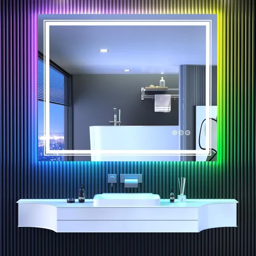Miniatura 25 de Snowdool Espejo LED de baño, 32 x 32 pulgadas con luz frontal y retroiluminada, antivaho, espejo de tocador de baño para pared, función de memoria