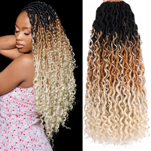 COOKOO 18 pulgadas 8 piezas Faux Locs de diosa prerizados para ganchillo con extremos rizados 14 mechones/paquete trenzas bohemias rizadas para