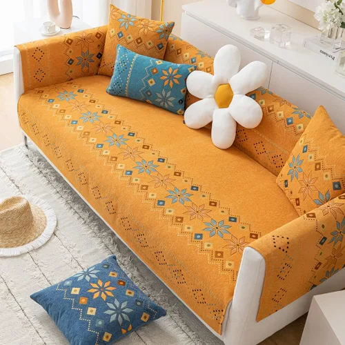 Funda de sofá de chenilla para sofá modular, diseño geométrico bohemio y jacquard antideslizante, protector de muebles para niños, perros y Naranja