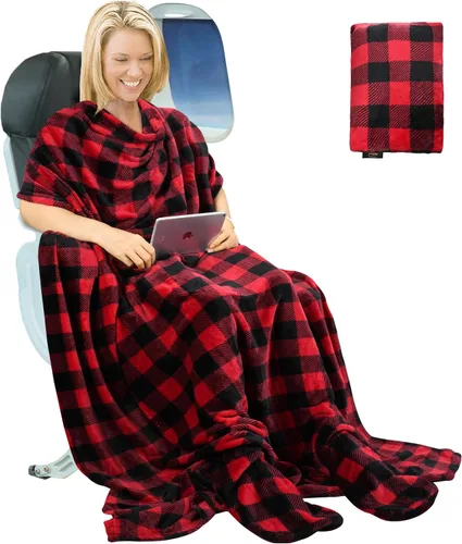 Miniatura 9 de Tirrinia Manta de viaje para avión, oficina, Poncho 4 en 1, manta portátil de forro polar acogedora de primera calidad con bolsa incorporada