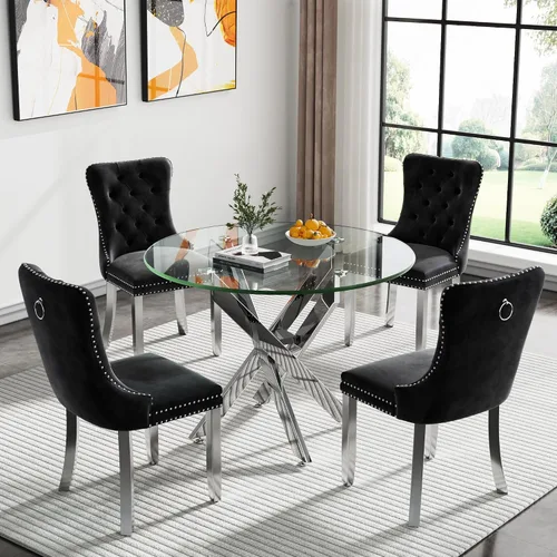 Miniatura 26 de Juego de 4 mesas de comedor de cristal para 4, juego de 4 mesas y sillas de cocina modernas, juego de mesa de comedor de cocina de 5 piezas con mesa