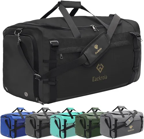 Eackrola Bolsas de gimnasio para hombre con compartimento para zapatos, bolsa de lona deportiva con bolsillo húmedo para mujer, 65L, Negro, Gimnasio