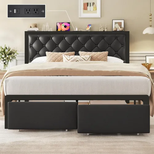 Fluest - Base de cama tamaño Queen con 2 cajones de almacenamiento, cabecero tapizado con botones y estación de carga, no necesita somier, libre de
