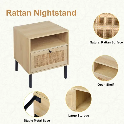 Miniatura 3 de Angel Sar Rattan Night Stand Set 2, Boho Bedside Table Nightstand with Rattan Door, Storage Cabinet, Open Storage Space & Sturdy Metal Legs, Accent