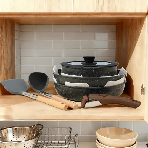 Miniatura 3 de Juego de utensilios de cocina de cerámica de 15 piezas con mango desmontable para ollas y sartenes antiadherentes (negro)