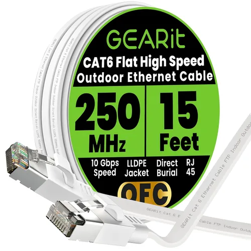 Miniatura 43 de GEARit Cable Ethernet plano Cat 6 para exteriores (15 pies, negro) Chaqueta LLDPE clasificada para entierro directo – Cat6 blindado FTP 10Gbps