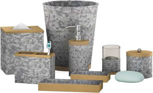 nu steel Juego de 7 accesorios de baño de acero galvanizado y madera: incluye tarro de Q-tip, jabonera, soporte para cepillos de dientes, vaso,
