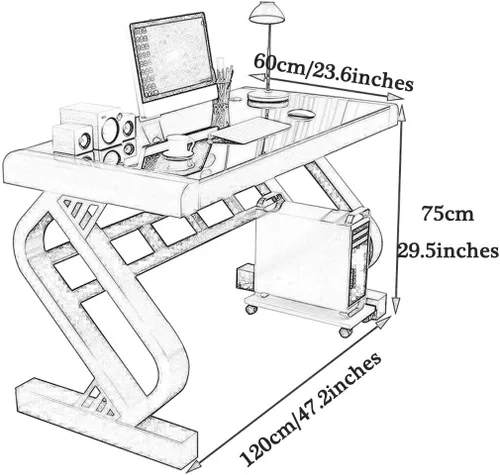 Miniatura 3 de JOYGOOD Escritorio para computadora con estantes, escritorio para el hogar, escritorio de trabajo de vidrio templado, escritorio simple