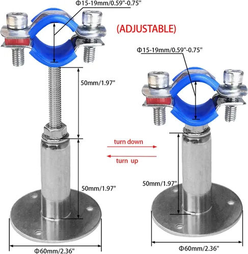 Miniatura 2 de Soportes de tubería de montaje en techo para montaje en pared, abrazaderas de tubo ajustables, perchas, acero inoxidable 304, 2 piezas adecuadas