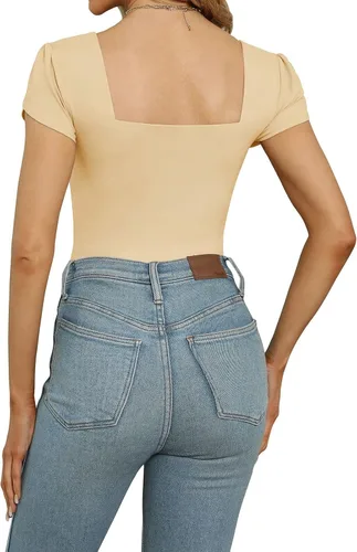 Miniatura 6 de PINKMSTYLE Body de manga corta con cuello cuadrado para mujer, camiseta básica casual de verano