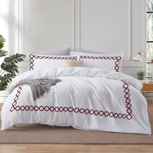Miniatura 24 de BedDecor: Enchanted Oasis - Juego de funda de edredón de 3 piezas de 600 hilos de algodón egipcio con bordado de cuadrifolio, ultra suave