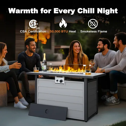 Miniatura 2 de Nuu Garden Mesa para fogata de propano para patio de 43 pulgadas, fogata de gas de 50,000 BTU con parte superior de vidrio texturizado de mármol