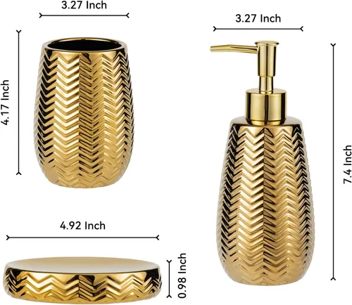 Miniatura 2 de Accesorios de baño dorados 3 piezas de accesorios de baño elegantes, dispensador de jabón dorado, bomba dispensadora de jabón, vaso y jabonera