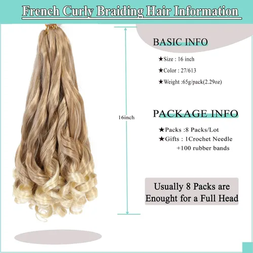 Miniatura 2 de Cabello trenzado francés rubio ombré, 8 paquetes de 16 pulgadas, 27/613, color preestirado, rizado, ombré, trenzado para trenzas de caja de diosa