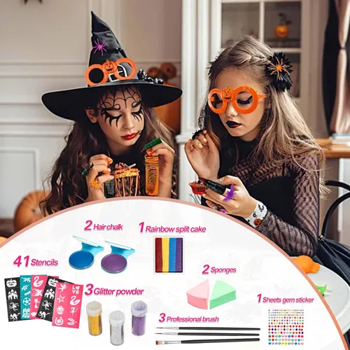 Miniatura 2 de Maydear Kit de pintura facial para niños, paleta de maquillaje a base de agua de 20 colores con plantillas, purpurina, pastel dividido de arcoíris