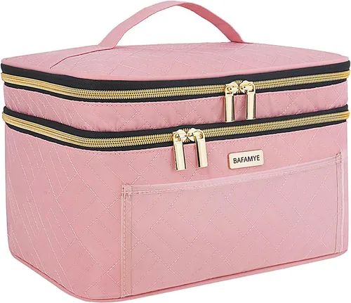 BAFAMYE Bolsa de Maquillaje de Viaje de Doble Capa para Mujeres, Estuche Cosmético Grande, Organizador para Accesorios de Tamaño de Viaje, Botellas,