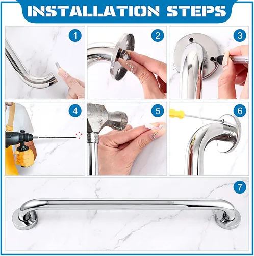 Miniatura 4 de Blulu Juego de 2 barras de agarre de acero inoxidable para baño, mango antideslizante y resistente para bañera, barandillas de mano de equilibrio