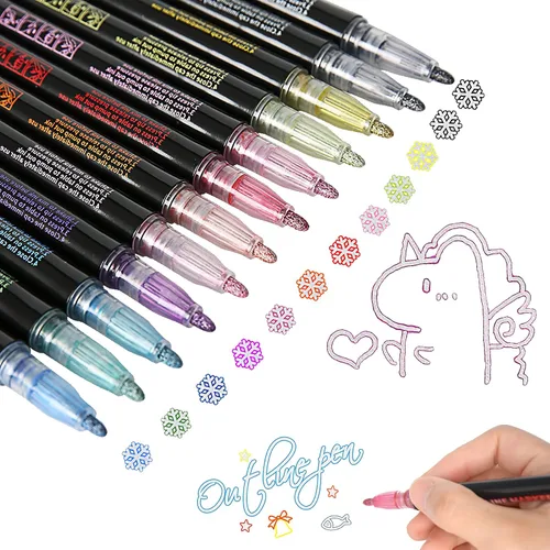 Bolígrafos de contorno de doble línea, 12 colores marcadores de contorno metálicos para resaltar, arte, dibujo, tarjeta de felicitación, tarjetas de