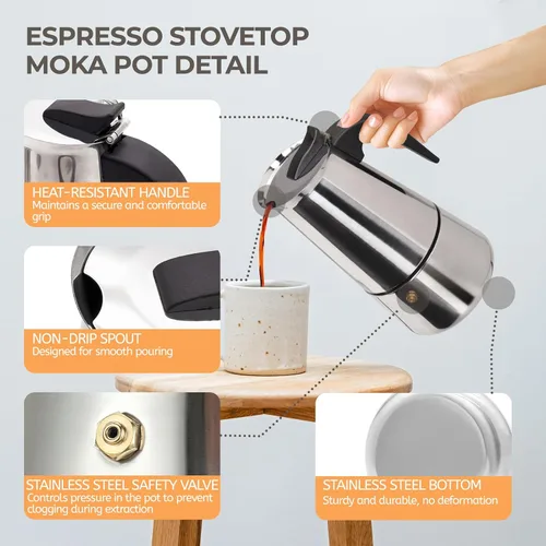 Miniatura 4 de Olla de Moka de 2 Tazas 100ml, Cafetera de Espresso de Acero Inoxidable, Cafetera de Percolador para Estufa, Cafetera Italiana de Estilo Clásico