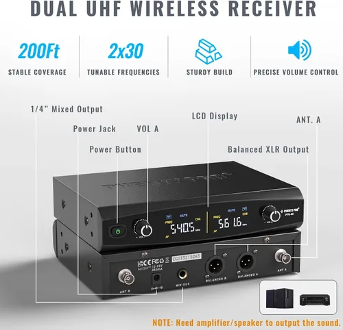 Miniatura 2 de Phenyx Pro Sistema de micrófono inalámbrico UHF PTU-52-2B Bundle con micrófono de solapa